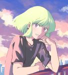  city_below earrings green_hair hand_on_own_cheek highres jewelry lio_fotia male_focus morotomo_(natsume) promare shirt short_hair smile solo sunset t-shirt violet_eyes 