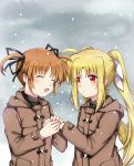  2girls black_ribbon blonde_hair blush brown_hair closed_eyes clouds cloudy_sky couple fate_testarossa hair_ornament hair_ribbon happy highres holding_hands jacket long_hair long_sleeves looking_at_another lyrical_nanoha mahou_shoujo_lyrical_nanoha mahou_shoujo_lyrical_nanoha_a&#039;s mikasa-01 multiple_girls open_mouth red_eyes ribbon short_hair short_twintails sky smile snow takamachi_nanoha tearing_up tears tongue twintails white_ribbon yuri 