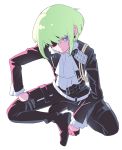  belt biker_clothes black_gloves black_jacket cravat earrings eyepatch ff_rchu frilled_shirt_collar frilled_sleeves frills gloves green_hair half_gloves highres jacket jewelry lio_fotia looking_at_viewer male_focus multiple_belts promare sitting solo violet_eyes 