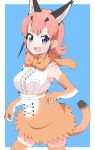 1girl :d animal_ear_fluff animal_ears blue_background blue_eyes border bow bowtie caracal_(kemono_friends) caracal_ears caracal_tail center_frills commentary cowboy_shot elbow_gloves extra_ears gloves high-waist_skirt highres kemono_friends long_hair looking_at_viewer open_mouth orange_neckwear pink_hair shirt simple_background skirt sleeveless sleeveless_shirt smile solo tail thigh-highs user_cpfg3235 white_border white_shirt