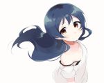  1girl bangs black_bra blue_hair blush bra commentary_request eyebrows_visible_through_hair hair_between_eyes long_hair looking_at_viewer love_live! love_live!_school_idol_project off-shoulder_shirt off_shoulder shirt simple_background smile solo sonoda_umi totoki86 underwear white_background yellow_eyes 