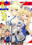  6+girls :t ahenn black_gloves black_legwear blonde_hair blue_eyes blue_hair blue_neckwear blue_shirt breasts brown_hair capelet carrying clipboard closed_eyes colorado_(kantai_collection) commentary_request cover cover_page double_bun doujin_cover dress elbow_gloves fletcher_(kantai_collection) gambier_bay_(kantai_collection) garrison_cap garter_straps gloves gradient grey_dress grey_headwear hairband hat headgear highres hug hug_from_behind intrepid_(kantai_collection) iowa_(kantai_collection) johnston_(kantai_collection) kantai_collection large_breasts light_brown_hair long_hair looking_at_viewer multiple_girls neckerchief necktie off_shoulder one_eye_closed open_mouth pantyhose pleated_dress pleated_skirt pout sailor_collar samuel_b._roberts_(kantai_collection) saratoga_(kantai_collection) school_uniform serafuku shin_guards shirt short_hair shoulder_carry side_braids sideboob skirt sleeveless smile standing thigh-highs twintails twitter_username two_side_up white_background white_gloves white_legwear white_sailor_collar white_shirt white_skirt yellow_neckwear 