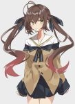  1girl absurdres ahoge aogisa bangs black_skirt blush breasts brown_hair buttons clothes_writing eyebrows_visible_through_hair girls_frontline gradient_hair grey_background hair_between_eyes hair_ribbon highres long_hair long_sleeves m14_(girls_frontline) multicolored_hair off_shoulder ribbon school_uniform simple_background skirt smile solo twintails yellow_eyes 