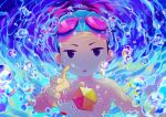  1boy air_bubble blue_eyes bubble caustics child commentary_request goggles goggles_on_head icosahedron male_focus noeyebrow_(mauve) open_mouth original outstretched_arm reaching signature solo swim_cap underwater upper_body 