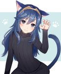  1girl animal_ears blue_eyes blue_hair blush bodysuit cat_ears cat_girl cat_tail cute fire_emblem fire_emblem:_kakusei fire_emblem_awakening hair_between_eyes haru_(nakajou-28) intelligent_systems long_hair looking_at_viewer lucina nintendo paw_pose simple_background solo super_smash_bros. sweater tail tiara 