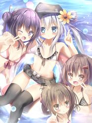  4girls :d ;d akatsuki_(kantai_collection) anchor_symbol bangs bare_arms bare_shoulders bikini bikini_skirt black_headwear black_legwear blue_eyes blush breasts brown_eyes brown_hair closed_mouth collarbone commentary_request diagonal_stripes double_bun eyebrows_visible_through_hair fang flat_cap flower front-tie_bikini front-tie_top hair_between_eyes hair_flower hair_ornament hair_ribbon hairclip hat hibiki_(kantai_collection) highres ikazuchi_(kantai_collection) inazuma_(kantai_collection) innertube kantai_collection multiple_girls na!?_(naxtuyasai) one_eye_closed open_mouth partially_submerged pink_bikini purple_hair red_ribbon ribbon silver_hair small_breasts smile striped striped_bikini swimsuit thigh-highs v violet_eyes water white_bikini yellow_flower 