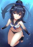  1girl animal_ears azur_lane bangs bare_shoulders bikini bikini_bottom black_hair blue_eyes blue_scrunchie blush bubble cat_ears commentary_request elbow_gloves fake_animal_ears fingerless_gloves gloves hair_between_eyes hair_bun hair_ornament hair_scrunchie hairclip highres i-56_(azur_lane) looking_at_viewer manda_(manda9n) midriff navel open_mouth sailor_collar scrunchie shark short_hair solo stomach swimsuit thighs underwater 