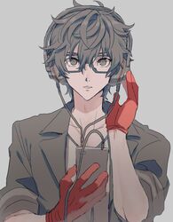  1boy amamiya_ren atlus black_eyes black_hair black_jacket cellphone collarbone glasses gloves hair_between_eyes headphones holding holding_phone jacket kometubu0712 male_focus megami_tensei parted_lips persona persona_5 phone red_gloves sleeves_rolled_up smartphone solo upper_body 