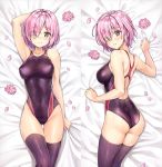  1girl alternate_costume arm_behind_head ass ass_visible_through_thighs bangs bare_shoulders bed_sheet black_legwear blush breasts closed_mouth collarbone commentary_request competition_swimsuit covered_navel covered_nipples cowboy_shot dakimakura eyebrows_visible_through_hair fate_(series) flower from_above groin hair_over_one_eye highleg highleg_swimsuit kotatsu_(kotatsu358) large_breasts lavender_hair looking_at_viewer lotus lying mash_kyrielight multiple_views on_back on_stomach one-piece_swimsuit petals short_hair skindentation swimsuit thigh-highs thigh_gap violet_eyes wet 
