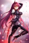  1girl armor artist_name bodysuit breasts commentary covered_nipples fate/grand_order fate_(series) high_heels highres holding holding_weapon leg_up lips looking_at_viewer medium_breasts parted_lips scathach_(fate)_(all) scathach_(fate/grand_order) shiny shiny_clothes shiny_hair shoulder_armor shoulder_pads simple_background solo weapon zasshu 