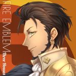  1boy beard brown_hair claude_von_regan_(fire_emblem) copyright_name earrings eggsding facial_hair fire_emblem fire_emblem:_three_houses green_eyes jewelry looking_at_viewer male_focus orange_background solo 