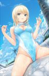  1girl bare_shoulders blonde_hair blue_sky blue_swimsuit breasts building bush cleavage_cutout clouds coffee-kizoku day eyebrows_visible_through_hair groin hands_up highres long_hair medium_breasts one-piece_swimsuit open_mouth original outdoors skindentation sky solo straddling swimsuit thighs tree wet 