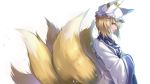  1girl bangs blonde_hair breasts brooch commentary dress eyeshadow fox_tail from_side hat highres jewelry lipstick long_sleeves makeup medium_breasts multiple_tails ofuda petals pillow_hat profile re_(re_09) red_lipstick short_hair simple_background solo tabard tail touhou upper_body white_background white_dress white_headwear wide_sleeves yakumo_ran yellow_eyes 