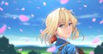  1girl blonde_hair blue_eyes blue_jacket blue_sky braid brown_gloves cherry_blossoms closed_mouth falling_petals fateline_alpha gloves hair_between_eyes hair_intakes hair_ribbon horizon jacket looking_at_viewer looking_back outdoors red_ribbon ribbon scenery sky smile tree violet_evergarden violet_evergarden_(character) white_neckwear 