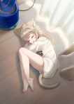 1girl 40hara animal_ears bangs barefoot blonde_hair cat_ears cat_girl cat_tail closed_eyes clothes_writing commentary_request curtains highres indoors kinako kinako_(40hara) long_hair lying on_back on_floor open_mouth original shirt sleeping solo t-shirt tail white_shirt