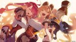  3girls armpit_peek artist_request bare_shoulders black_hair blonde_hair blue_ribbon breasts closed_eyes collarbone commentary company_name dragalia_lost fang goggles goggles_on_head hair_ornament hair_ribbon hairpin large_breasts long_hair mittens multiple_girls official_art open_mouth pink_hair ramona_(dragalia_lost) rena_(dragalia_lost) renee_(dragalia_lost) ribbon shadow siblings simple_background sisters small_breasts smile very_long_hair watermark white_background 