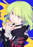  1boy blonde_hair blush earrings green_hair highres hood jacket jewelry lio_fotia looking_at_viewer male_focus moegi0926 nail_polish open_mouth promare simple_background smile solo violet_eyes 
