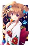  1girl ahoge alternate_hairstyle bangs blush bow brown_eyes brown_hair candy commentary_request double_bun eating eyebrows_visible_through_hair floral_print food hair_between_eyes hair_bow heart heart_ahoge highres holding huge_ahoge japanese_clothes jewelry kantai_collection kimono ko_yu kuma_(kantai_collection) lollipop long_hair looking_at_viewer open_mouth ring solo upper_body water_yoyo yukata 