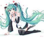  1girl :d ahoge animal_ears arm_support black_legwear black_skirt black_sleeves blue_eyes blue_hair blush cat_ears cat_tail collared_jacket detached_sleeves dress_shirt eyebrows_visible_through_hair fang floating_hair full_body hair_between_eyes hatsune_miku heart highres kk_(aky2374) kneeling long_hair long_sleeves looking_at_viewer miniskirt open_clothes open_mouth open_shirt paw_pose pleated_skirt shiny shiny_clothes shiny_hair shiny_legwear shirt skirt sleeveless sleeveless_shirt smile solo tail thigh-highs very_long_hair vocaloid white_shirt zettai_ryouiki 