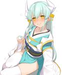  1girl commentary_request cup dragon_girl dragon_horns fate/grand_order fate_(series) green_hair headpiece holding holding_cup horns japanese_clothes juz kimono kiyohime_(fate/grand_order) long_hair looking_at_viewer simple_background sitting solo teeth thigh-highs white_background white_legwear wide_sleeves yellow_eyes 