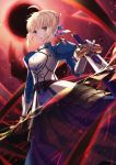  1girl absurdres ahoge armor armored_dress artoria_pendragon_(all) blonde_hair blue_dress blue_eyes blue_ribbon braided_bun breastplate dress eclipse excalibur fate/stay_night fate_(series) faulds from_below gauntlets hair_between_eyes hair_ribbon hand_on_hilt highres huge_filesize kotatsu_kaya long_dress looking_at_viewer ribbon saber shiny shiny_hair short_hair solo standing sword weapon 