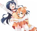  &gt;_&lt; 2girls bangs blue_hair blush closed_eyes commentary_request cosplay eyebrows_visible_through_hair hair_between_eyes hoshizora_rin hoshizora_rin_(cosplay) long_hair looking_at_viewer love_live! love_live!_school_idol_project multiple_girls open_mouth orange_hair outstretched_arms paw_pose short_hair simple_background skirt smile sonoda_umi thigh-highs totoki86 white_background white_legwear yellow_eyes 