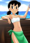  1girl black_hair breasts closed_mouth commentary_request dark_skin doraemon highres kakkii looking_at_viewer medium_hair minamoto_shizuka navel smile solo swimsuit tan tanline twintails 