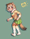  1girl absurdres animal_ears black-tailed_prairie_dog_(kemono_friends) blonde_hair blush brown_eyes brown_hair brown_legwear clenched_hands commentary english_commentary full_body fur_collar green_background green_skirt highres japari_symbol kemono_friends lilredronin long_sleeves looking_at_viewer looking_back multicolored_hair plaid plaid_skirt pleated_skirt prairie_dog_ears prairie_dog_tail shoes short_hair simple_background skirt smile solo tail thigh-highs two-tone_hair zettai_ryouiki 