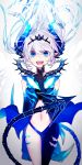  1girl :d black_gloves blue_eyes blue_pants demon_tail elbow_gloves elsword fang floating_hair gloves hair_between_eyes horns index_finger_raised long_hair looking_at_viewer luciela_r._sourcream midriff misusugi navel open_mouth pants silver_hair slit_pupils smile solo standing stomach tail very_long_hair 