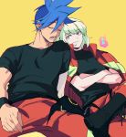  2boys baggy_pants blonde_hair blue_hair boots crossed_arms crossed_legs fxaprince galo_thymos jacket_on_shoulders leaning_on_person lio_fotia male_focus multiple_boys open_mouth pants promare shirt sleeping sleeping_on_person smile spiky_hair t-shirt violet_eyes 