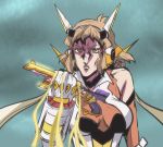  1girl araki_hirohiko_(style) bare_shoulders breasts clenched_hand gun hair_ornament hairclip holding holding_gun holding_weapon jojo_no_kimyou_na_bouken light_brown_hair medium_breasts nabeiro_kin parody scarf senki_zesshou_symphogear style_parody tachibana_hibiki_(symphogear) vento_aureo weapon 