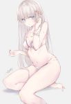  1girl alternate_costume anastasia_(fate/grand_order) artist_name bangs bare_legs bare_shoulders barefoot bikini blush bracelet closed_mouth collarbone dated eyebrows_visible_through_hair eyes_visible_through_hair fate/grand_order fate_(series) flower front-tie_top full_body hair_between_eyes hair_flower hair_ornament hand_up highres holding holding_flower jewelry long_hair looking_at_viewer necklace scrunchie simple_background sitting solo string_bikini swimsuit thighs very_long_hair watermark white_background white_bikini white_hair wrist_scrunchie 