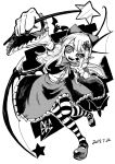  1girl bat bat_wings blackcat_(pixiv) bow buttons cape character_name crazy_eyes dated elis_(touhou) facial_mark fang fingernails flower frilled_skirt frills greyscale hair_flower hair_ornament holding holding_wand leg_up long_hair long_sleeves looking_at_viewer mary_janes monochrome multicolored multicolored_clothes multicolored_legwear open_mouth outstretched_arm pointy_ears shirt_tucked_in shoes skirt smile star star_wand striped striped_legwear talons thigh-highs touhou touhou_(pc-98) v wand wide_sleeves wings 