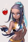  1girl armlet bare_shoulders black_hair blue_eyes blue_hair breasts closed_mouth dark_skin earrings eyeliner forehead gloves grey_background gym_leader hair_bun hand_on_hip hankuri hoop_earrings jewelry long_hair looking_at_viewer makeup multicolored_hair navel necklace partly_fingerless_gloves poke_ball pokemon pokemon_(game) pokemon_swsh rurina_(pokemon) shorts simple_background single_glove small_breasts solo sports_bra sportswear two-tone_hair 