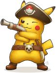 absurdres belt blush_stickers brown_eyes brown_footwear closed_mouth commentary creature english_commentary full_body gen_1_pokemon gun hat highres holding holding_gun holding_weapon no_humans one_eye_closed pikachu pirate pirate_hat pokemon pokemon_(creature) ry-spirit shoes signature smile solo standing sword transparent_background weapon 