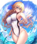  1girl bangs blonde_hair blue_eyes blue_sky blush braid breasts clouds competition_swimsuit covered_navel day eyebrows_visible_through_hair fate/grand_order fate_(series) glasses hair_between_eyes hairband hand_up holding holding_hula_hoop hoop hula_hoop jeanne_d&#039;arc_(fate)_(all) jeanne_d&#039;arc_(swimsuit_archer) large_breasts long_hair looking_at_viewer one-piece_swimsuit outdoors sidelocks single_braid sky smile solo splashing swimsuit taut_clothes taut_swimsuit untsue very_long_hair wading whistle whistle_around_neck white_swimsuit 