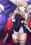  1girl absurdres arms_behind_back artist_name bdsm blush bondage bound breasts brown_eyes cape chain commentary dated english_commentary eyebrows eyebrows_visible_through_hair hair_between_eyes highres honkai_(series) honkai_impact_3rd light_brown_hair long_hair looking_at_viewer michelangelo_(honkai_impact) sheita single_thighhigh skirt solo thigh-highs tied_up 