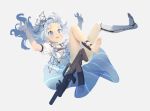  1girl ads_(girls_frontline) ads_assault_rifle assault_rifle barefoot blue_dress blush dress falling floating_hair full_body girls_frontline gloves gun headband highres leg_strap long_hair looking_away mechanical_leg open_mouth puffy_short_sleeves puffy_sleeves rifle russian_text short_sleeves soles solo tianliang_duohe_fangdongye weapon white_dress white_gloves 