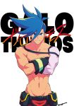  blue_eyes blue_hair character_name chest crossed_arms galo_thymos gloves looking_at_viewer male_focus pants promare sengokumame shirtless smile spiky_hair 