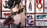  1girl anchor annotation_request belt bismarck_(kantai_collection) blonde_hair blue_eyes brown_gloves commentary_request detached_sleeves glasses gloves hat headphones highres jewelry kantai_collection long_hair looking_at_viewer military_hat multicolored multicolored_clothes multicolored_scarf necklace okayu_(papiko1111) peaked_cap picture_frame pince-nez plaid plaid_scarf profile red_neckwear ribbon scarf solo thigh-highs uniform 