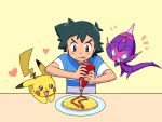  1boy :q ame_(ame025) ash_ketchum bangs brown_eyes commentary_request concentrating food gen_1_pokemon gen_7_pokemon green_hair heart holding ketchup ketchup_bottle looking_down male_focus notice_lines pikachu plate poipole pokemon pokemon_(anime) pokemon_sm_(anime) shirt short_hair short_sleeves striped striped_shirt sweatdrop t-shirt tongue tongue_out ultra_beast 