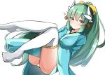  1girl absurdres ass blue_kimono blush breasts closed_mouth dragon_horns fate/grand_order fate_(series) green_hair high_ponytail highres horns japanese_clothes kimono kiyohime_(fate/grand_order) knees_up long_hair medium_breasts moyoron panties ponytail sidelocks simple_background smile solo thigh-highs underwear very_long_hair white_background white_legwear white_panties yellow_eyes 