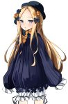  1girl abigail_williams_(fate/grand_order) absurdres bangs black_bow black_dress black_headwear blonde_hair bloomers blue_eyes bow bug butterfly dress eyebrows_visible_through_hair fate/grand_order fate_(series) forehead hair_bow hat highres insect long_hair long_sleeves looking_at_viewer moyoron orange_bow parted_bangs parted_lips polka_dot polka_dot_bow simple_background sleeves_past_fingers sleeves_past_wrists solo underwear very_long_hair white_background white_bloomers 