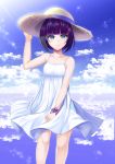  1girl bangs black_hair blue_eyes blue_ribbon blue_sky blunt_bangs closed_mouth clouds collarbone day dress dress_tug hand_on_headwear hat hat_ribbon highres idolmaster idolmaster_cinderella_girls looking_at_viewer medium_skirt outdoors ribbon seimitsu_shageki shiny shiny_hair shirayuki_chiyo short_hair skirt sky sleeveless sleeveless_dress smile solo standing straw_hat sun_hat sundress white_dress white_headwear wrist_cuffs 