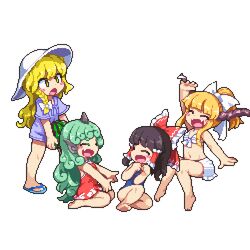  4girls :d :o ^_^ barefoot bikini black_hair blonde_hair blush_stickers bow braid chibi closed_eyes curly_hair fang food fruit green_hair hair_bow hair_ribbon hair_tubes hakurei_reimu hat horn horns ibuki_suika kirisame_marisa komano_aun kumamoto_(bbtonhk2) long_hair lowres multiple_girls one-piece_swimsuit open_mouth pixel_art ponytail ribbon side_braid simple_background smile swimsuit touhou watermelon white_background white_headwear white_ribbon yellow_eyes 