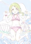  1girl :d bangs bare_legs bare_shoulders barefoot bikini blue_scrunchie blue_sky blush clouds cloudy_sky collarbone day ferris_wheel flower frilled_bikini frills full_body green_eyes green_hair groin hair_flower hair_ornament hairclip hands_up long_hair meito_(maze) morinaka_kazaki navel nijisanji open_mouth outdoors pink_bikini polka_dot polka_dot_bikini roller_coaster scrunchie sketch sky smile solo swept_bangs swimsuit virtual_youtuber water water_slide wet white_flower wrist_scrunchie 