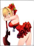  1girl aestus_estus ahoge bangs blonde_hair braid breasts dress fate/extra fate_(series) flower french_braid green_eyes hair_between_eyes hair_bun hair_flower hair_intakes hair_ornament hair_ribbon highres kei_(soundcross) large_breasts long_hair nero_claudius_(fate) nero_claudius_(fate)_(all) red_dress red_ribbon ribbon short_dress simple_background smile solo sword thighs weapon white_background 
