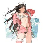  1girl ass_visible_through_thighs bikini black_hair collarbone earrings fate/grand_order fate_(series) fur_trim groin hair_ornament ishtar_(fate/grand_order) jacket jewelry long_hair navel open_clothes open_jacket pink_jacket red_eyes single_thighhigh solo starshadowmagician swimsuit thigh-highs toosaka_rin twintails water waves 