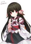  1girl :o animal_ears bangs black_dress black_hair blush bow dated dress eyebrows_visible_through_hair hair_between_eyes hair_bow hair_tubes hand_up long_hair long_sleeves nanase_nao parted_lips pink_bow red_eyes rurutie_(utawareru_mono) sidelocks simple_background solo twitter_username utawareru_mono utawareru_mono:_itsuwari_no_kamen very_long_hair white_background wide_sleeves 