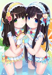  2girls :o ao_no_neko bangs bikini bikini_skirt black_hair blue_bow blue_eyes blue_gloves bow commentary_request eyebrows_visible_through_hair frilled_hairband frills gloves green_eyes green_hairband hair_between_eyes hair_bow hairband half_gloves half_updo highres holding_hands interlocked_fingers long_hair looking_at_viewer multiple_girls original outline parted_lips standing swimsuit very_long_hair wading water white_bikini white_outline wrist_cuffs yellow_gloves yellow_hairband 